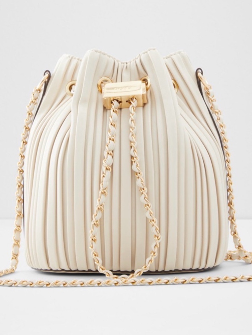 ALDO Pleated Bucket Bag Bone Cream Beige Gold Chain Crossbody Drawstring Purse